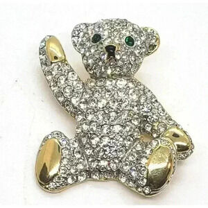 Vintage Teddy Bear Brooch Clear & Green Rhinestones Cute Waving